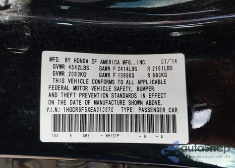 2014 Honda Accord Hybrid Ex-L from USA, damaged, VIN 1HGCR6F5XEA010370